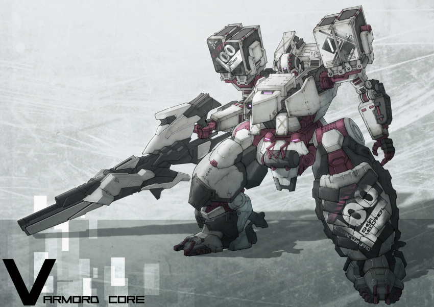 armored_core, armored_core_5, buroron, gun, head_tilt, holding, holding_gun, holding_weapon