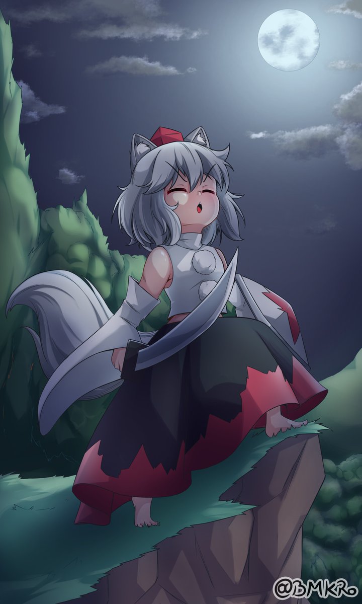 1girl, animal_ears, awooo, barefoot, bmkro, cliff, closed_eyes, clouds, detached_sleeves, eyebrows_visible_through_hair, full_moon, hair_between_eyes, hat, highres, holding, holding_sword, holding_weapon, inubashiri_momiji, leaf, maple_leaf, moon, multicolored_clothes, multicolored_skirt, night, night_sky, open_mouth, pom_pom_(clothes), red_skirt, shield, shirt, short_hair, skirt, sky, sleeveless, sleeveless_shirt, solo, standing, sword, tail, tokin_hat, touhou, turtleneck, weapon, white_hair, white_shirt, wolf_ears, wolf_tail, xo