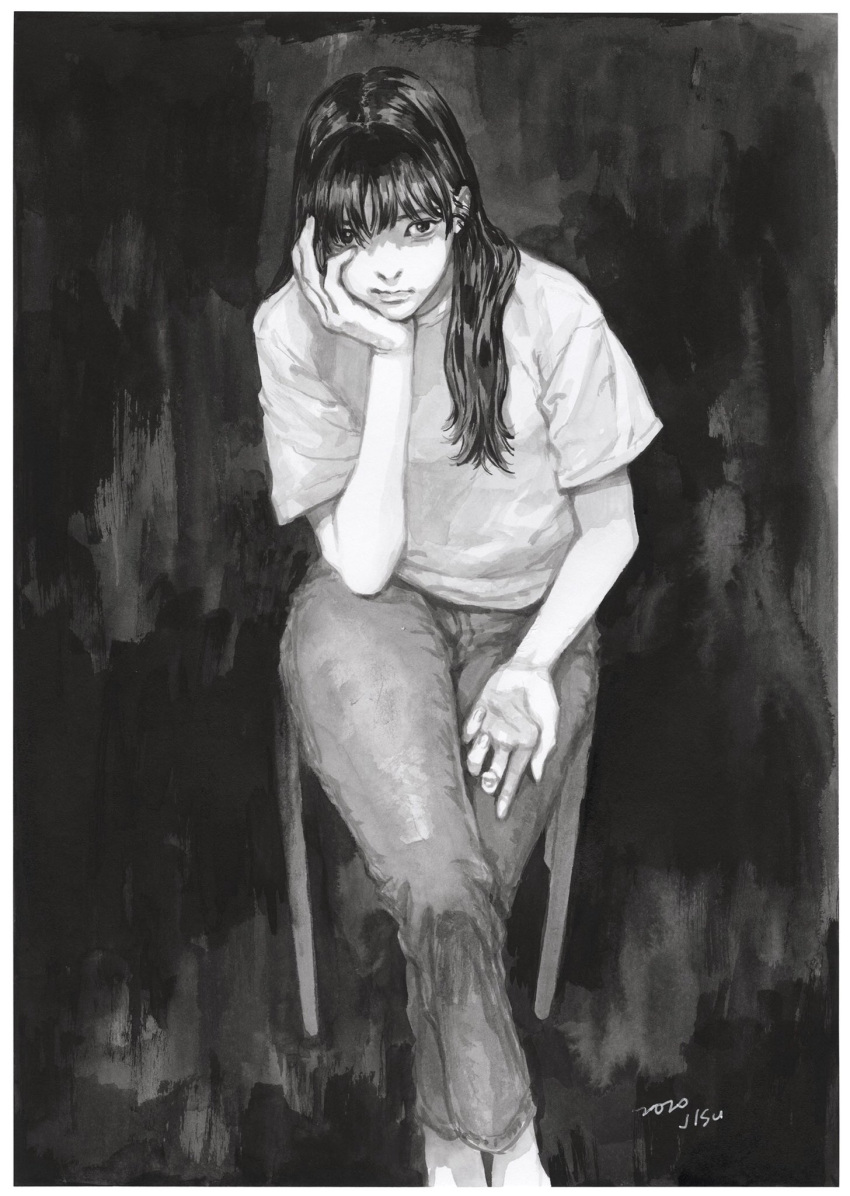 1girl, bangs, black_background, border, commentary, crossed_legs, dated, denim