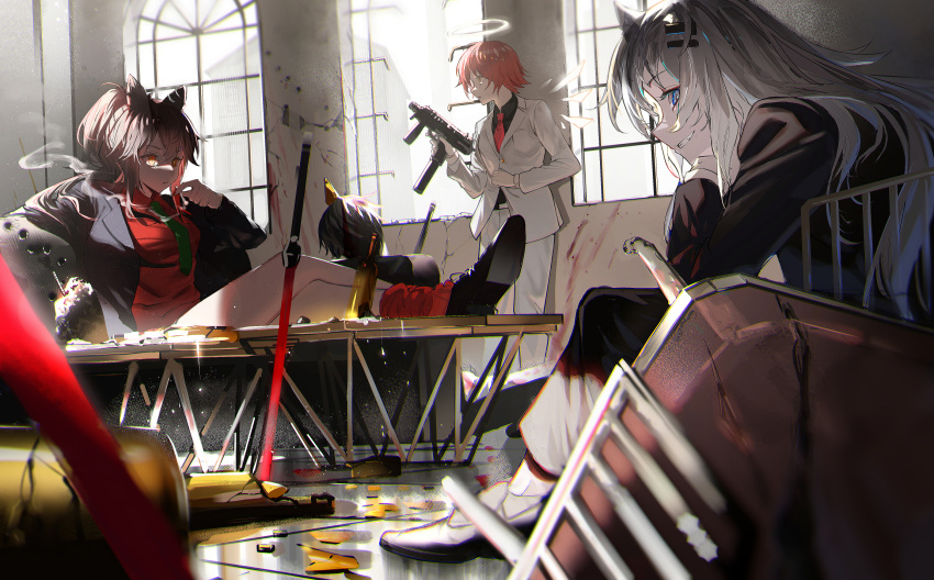 3girls, alternate_costume, animal_ears, arknights, black_footwear, black_hair, black_jacket, black_shirt