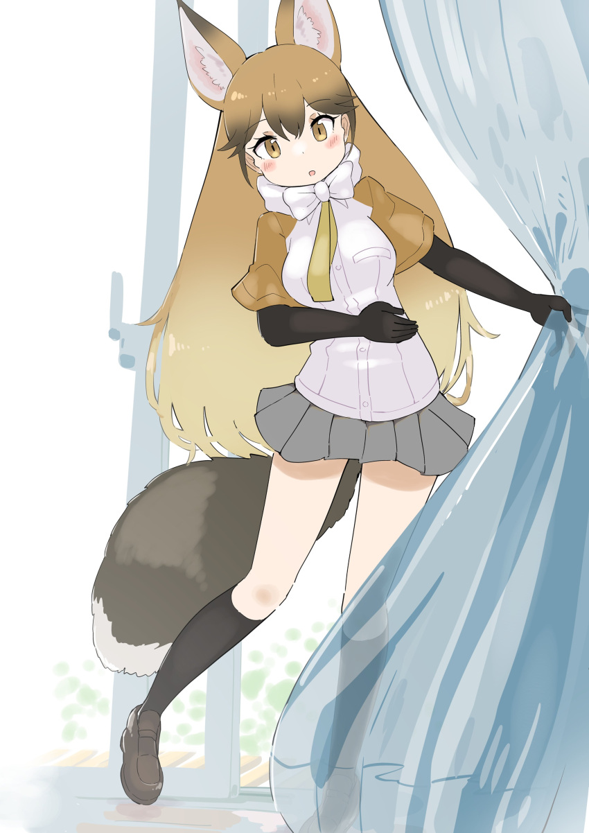 1girl, absurdres, animal_ears, black_gloves, black_legwear, blush, bow, bowtie