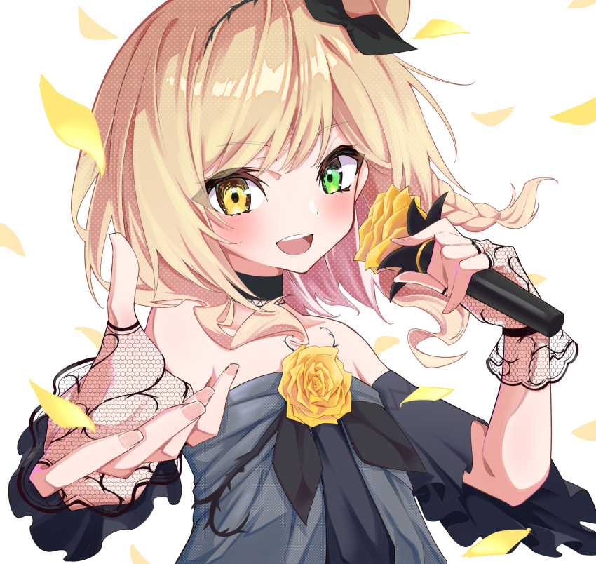 1girl, :d, absurdres, bare_shoulders, blonde_hair, dress, fingerless_gloves, fishnet_gloves