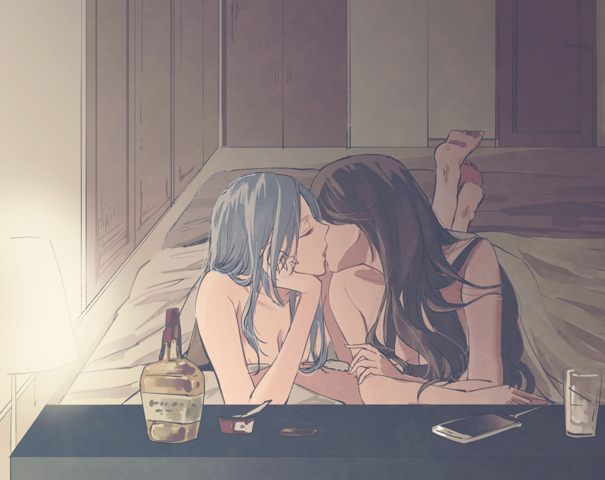 2girls, bangs, bare_arms, bare_legs, bare_shoulders, bed, bedroom, blue_hair, bottle, bra, breasts, cellphone, closed_mouth, cup, drinking_glass, glass, hazuki_ruri, highres, indoors, kiss, long_hair, multiple_girls, original, phone, purple_hair, smartphone, underwear, wine_bottle, wine_glass, yuri