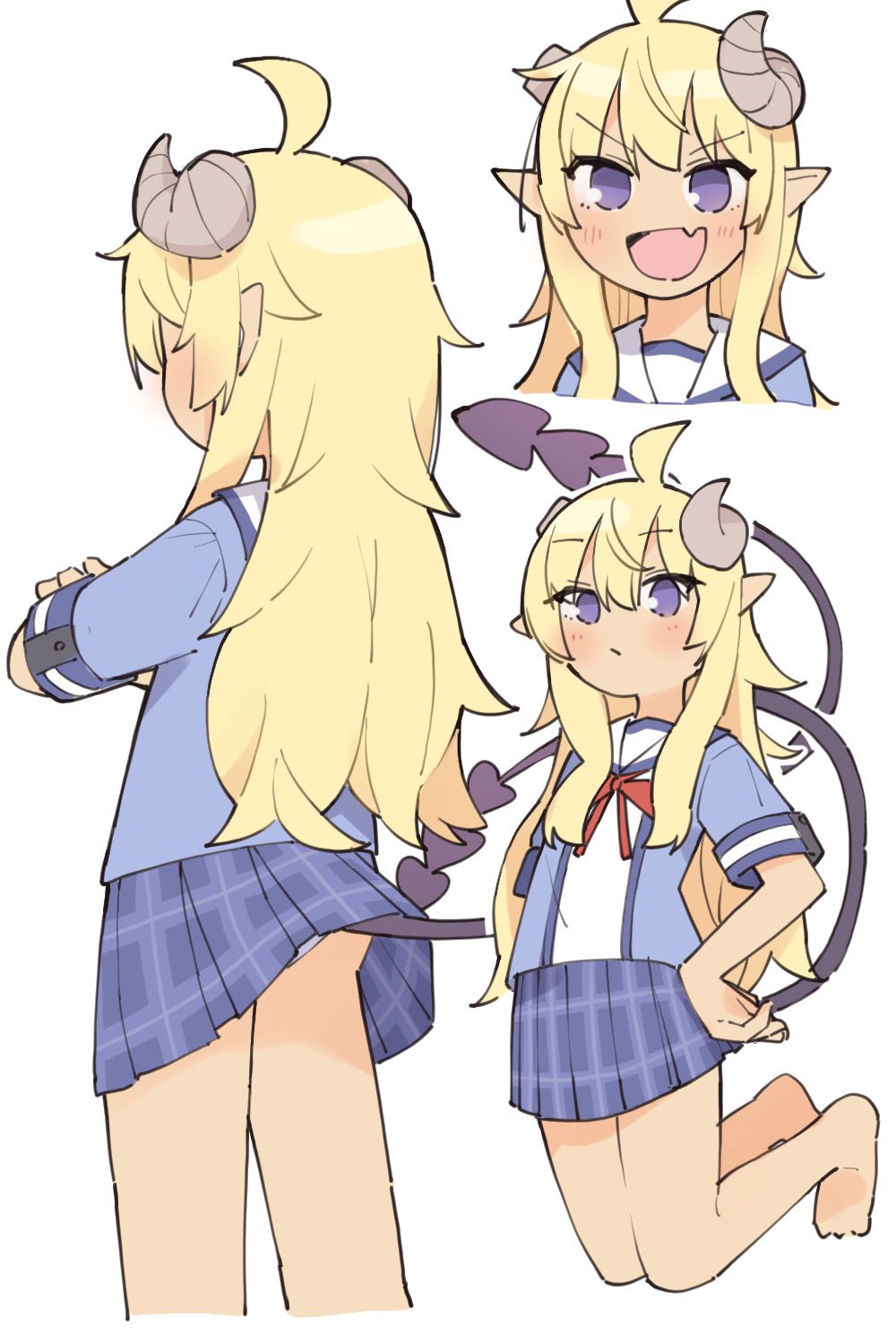 1girl, ahoge, bangs, barefoot, blonde_hair, blue_shirt, blue_skirt, blush