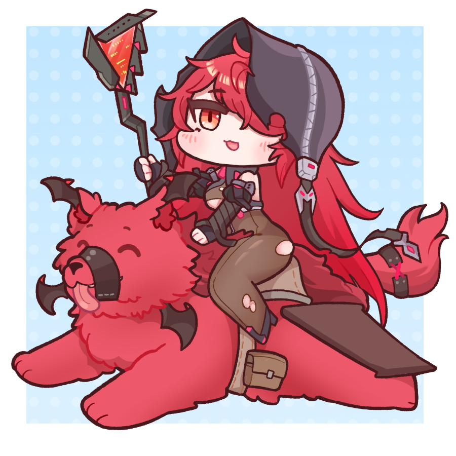 1girl, :3, blush, bodysuit, breasts, brunhild_(last_origin), bulga, chibi, eyebrows_visible_through_hair, full_body, garmr_(last_origin), hair_over_one_eye, hood, last_origin, long_hair, looking_at_viewer, looking_to_the_side, open_mouth, riding, staff, torn_bodysuit, torn_clothes, very_long_hair, wolf