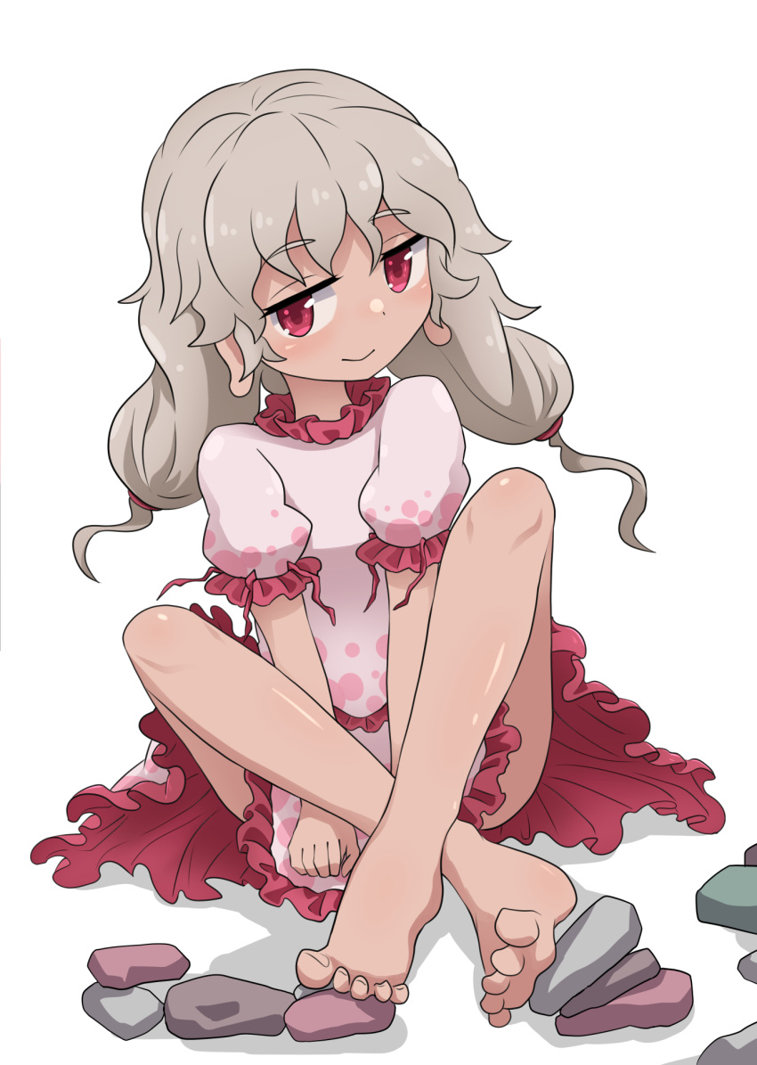 1girl, bangs, barefoot, chups, closed_mouth, crossed_legs, dark-skinned_female, dark_skin