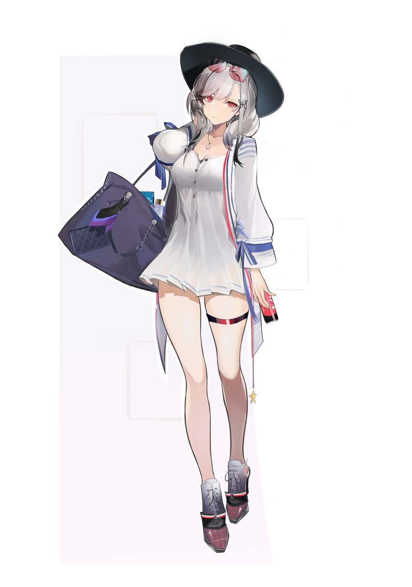 1girl, absurdres, azur_lane, bag, black_footwear, breasts, butterfly_hair_ornament, dress