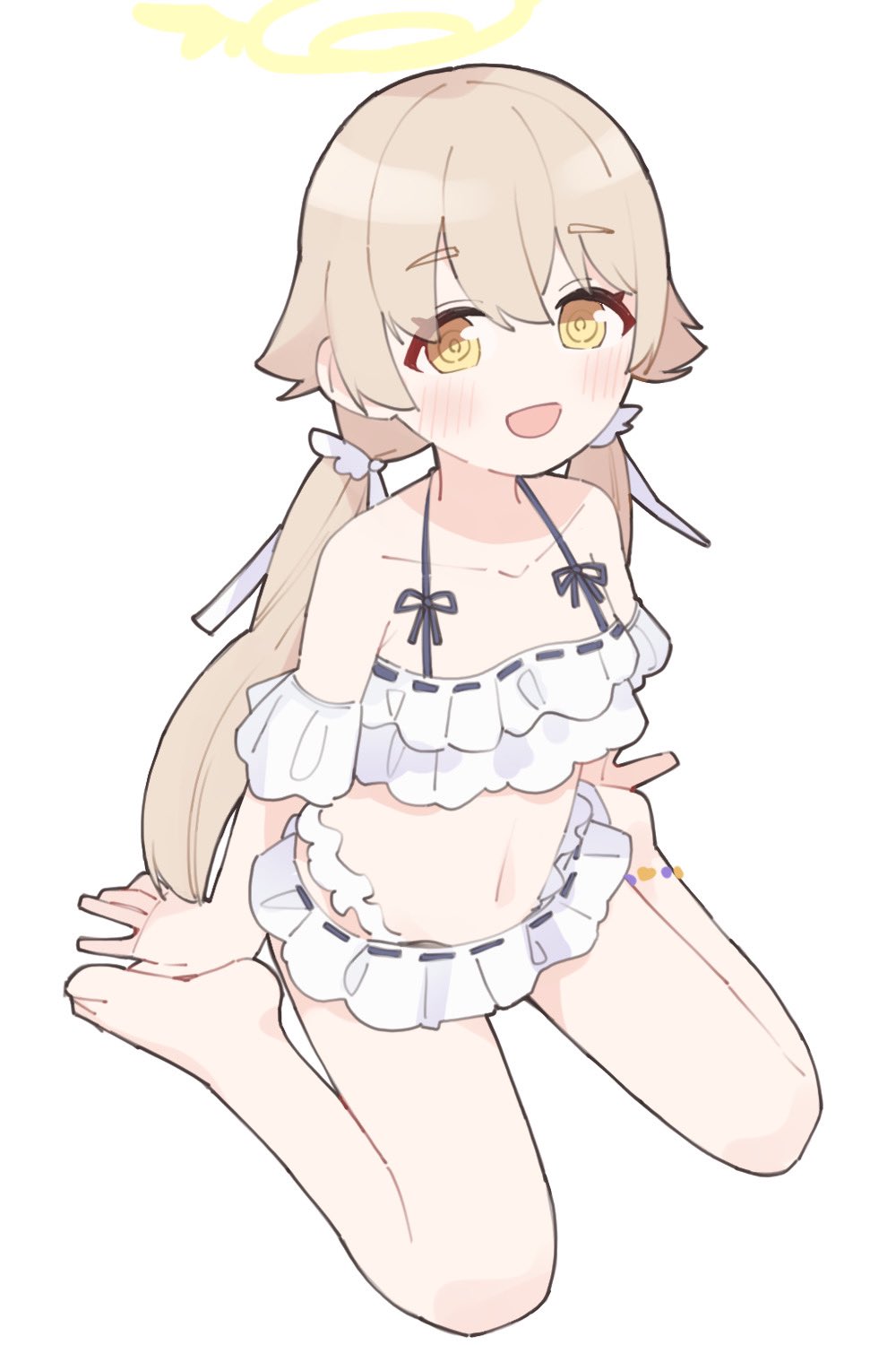1girl, anklet, arm_garter, bangs, bare_shoulders, barefoot, bikini, blue_archive, blush, brown_hair, collared_shirt, frilled_bikini, frills, full_body, halo, hifumi_(blue_archive), hifumi_(swimsuit)_(blue_archive), highres, jewelry, kamo_(kamonabe_44), long_hair, looking_at_viewer, low_twintails, navel, open_mouth, ribbon-trimmed_bikini, ringed_eyes, shirt, simple_background, sitting, smile, solo, swimsuit, twintails, wariza, white_background, white_bikini, yellow_eyes