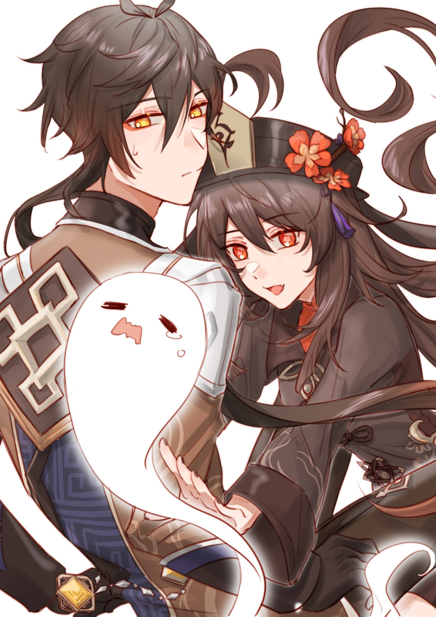 1boy, 1girl, :|, absurdres, bangs, black_gloves, black_hair, black_headwear