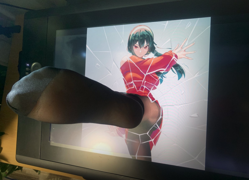 1girl, akaza, bangs, black_hair, breasts, broken_glass, drawing_tablet, dress