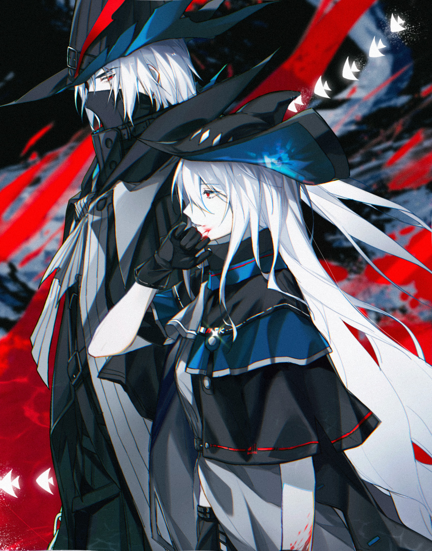 1boy, 1girl, absurdres, arknights, ascot, bangs, black_cape, black_capelet