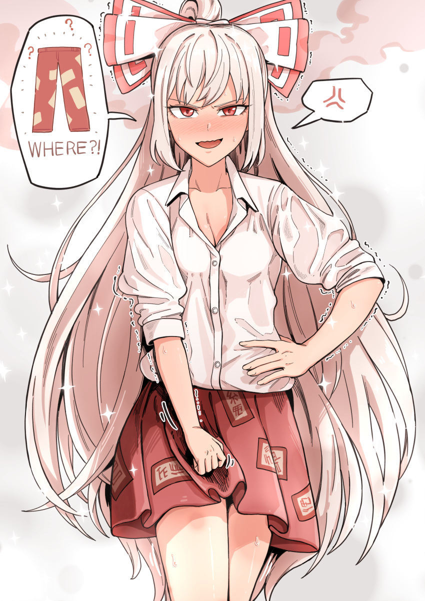 1girl, absurdres, baggy_pants, bangs, breasts, buttons, collared_shirt, ddok