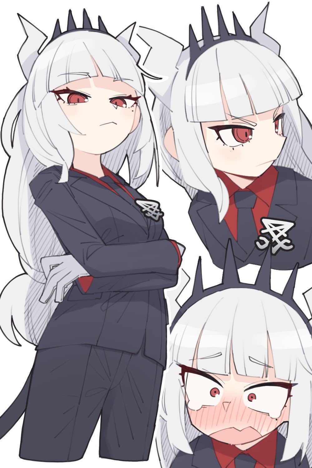 1girl, black_jacket, black_necktie, black_pants, blush, closed_mouth, collared_shirt, crossed_arms, formal, gloves, grey_hair, hairband, helltaker, highres, horns, jacket, kamo_(kamonabe_44), long_hair, looking_at_viewer, lucifer_(helltaker), multiple_views, necktie, nose_blush, open_mouth, pant_suit, pants, raised_eyebrows, red_eyes, red_shirt, shirt, sidelocks, simple_background, suit, tearing_up, v-shaped_eyebrows, white_background, white_gloves, wide_hips