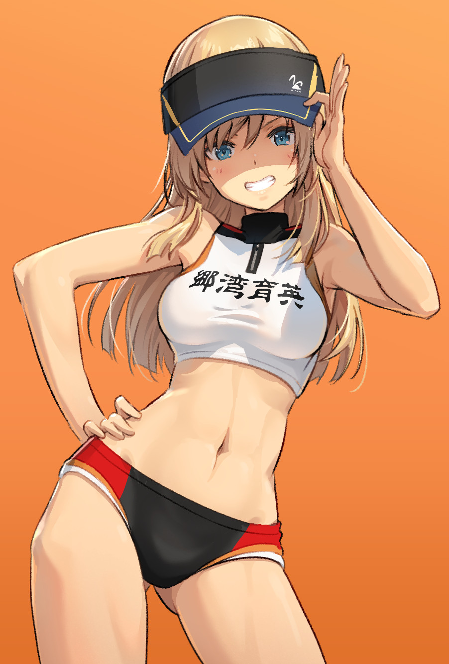 1girl, alice_gear_aegis, blonde_hair, blue_eyes, blush, character_request, cowboy_shot, gradient