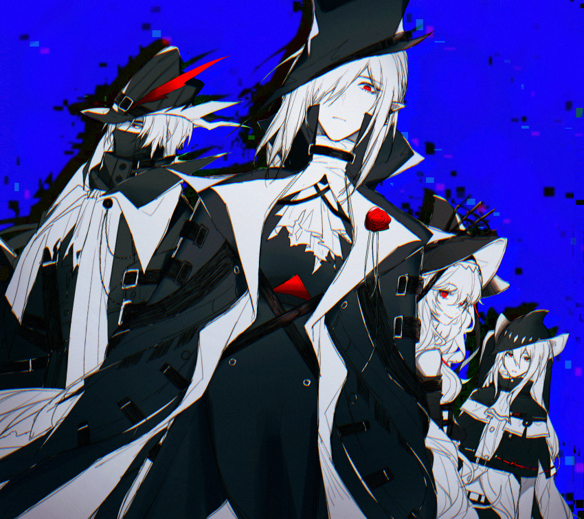 1boy, 3girls, arknights, bangs, bare_shoulders, black_coat, black_headwear, blue_background, breasts, closed_mouth, coat, eyebrows_visible_through_hair, flower, gladiia_(arknights), hair_between_eyes, hair_over_one_eye, high_collar, highres, limited_palette, long_hair, looking_at_viewer, mask, medium_breasts, mouth_mask, multiple_girls, open_clothes, open_coat, pointy_ears, red_eyes, red_flower, red_rose, rose, shirt, simple_background, skadi_(arknights), smile, specter_(arknights), specter_the_unchained_(arknights), ulpianus_(arknights), upper_body, v-shaped_eyebrows, very_long_hair, white_coat, white_hair, white_shirt, wolitansixiang