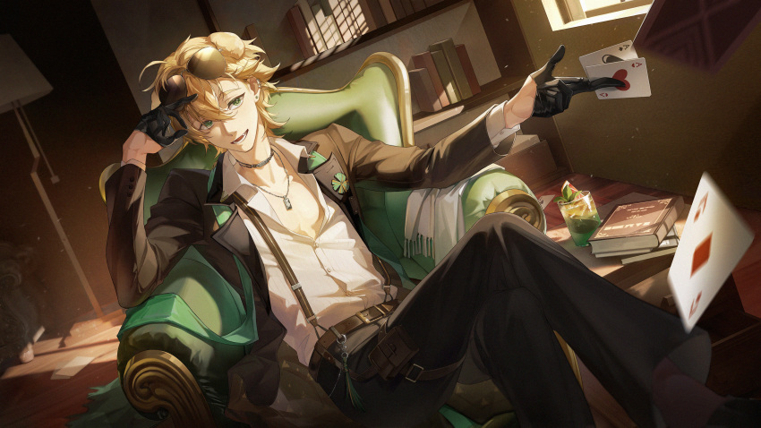 1boy, :d, absurdres, ace_of_diamonds, ace_of_hearts, ace_of_spades, animal_ears, arknights