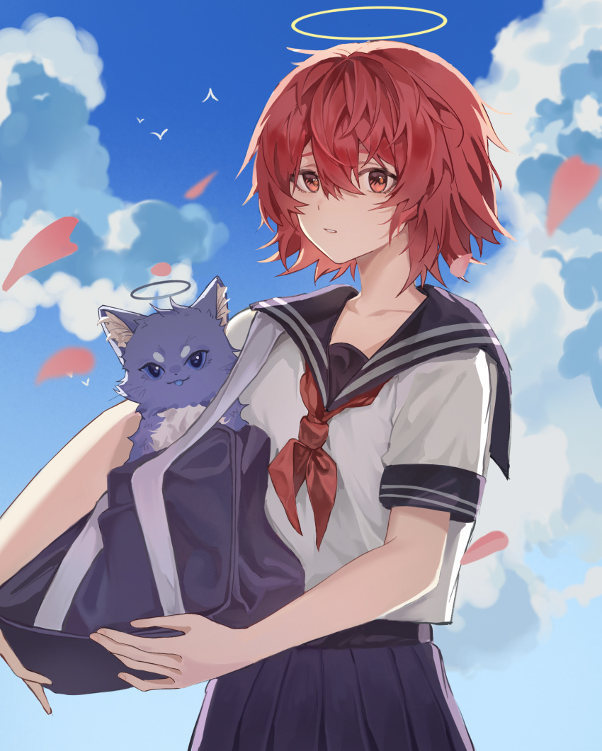 1girl, absurdres, alternate_costume, animal_ear_fluff, animalization, arknights, bag, black_sailor_collar