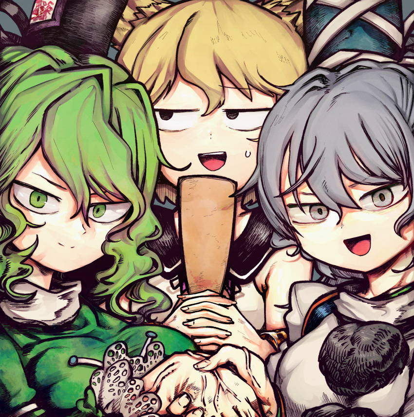 3girls, absurdres, andanon, bangs, bare_shoulders, black_bow, black_bowtie, black_eyes