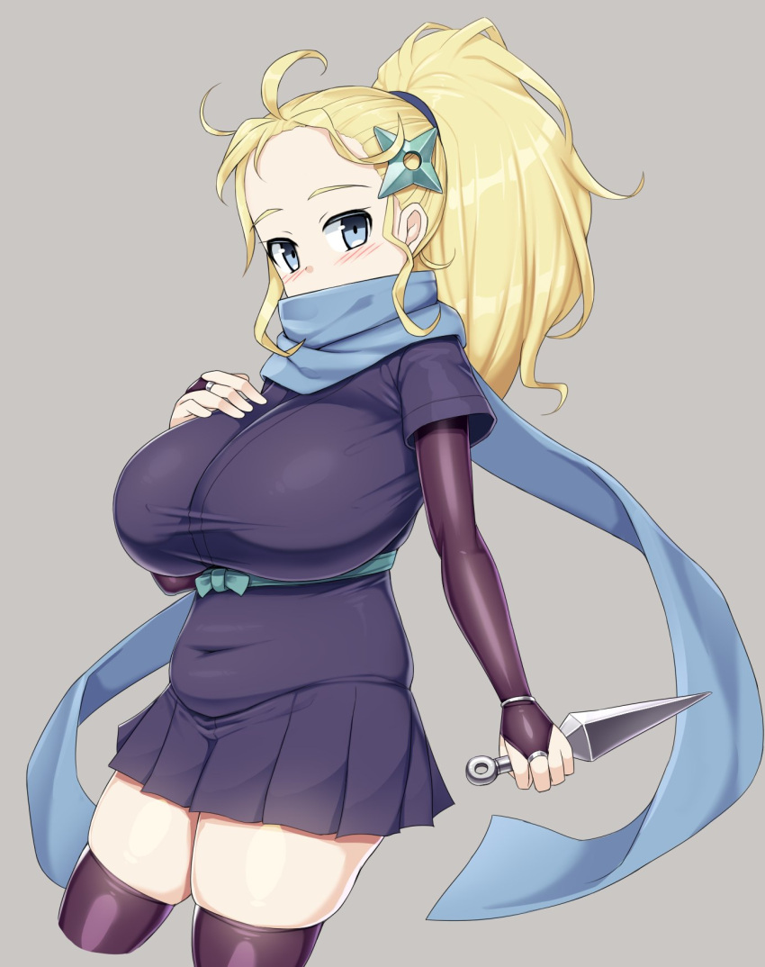 1girl, blonde_hair, blue_eyes, blush, breasts, bridal_gauntlets, covered_navel, final_fantasy, final_fantasy_v, hair_ornament, highres, holding, huge_breasts, jewelry, krile_mayer_baldesion, kunai, long_hair, looking_at_viewer, ninja, ninja_(final_fantasy), plump, ponytail, sawati, scarf, shuriken, simple_background, skirt, solo, thigh-highs, weapon