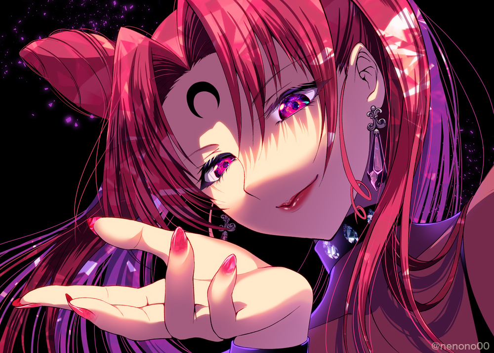 1girl, bangs, bishoujo_senshi_sailor_moon, black_lady, choker, crescent, crescent_facial_mark, double_bun, earrings, facial_mark, forehead_mark, hair_intakes, jewelry, lips, long_hair, looking_at_viewer, nenono, parted_lips, pink_eyes, pink_hair, pink_lips, pink_nails, portrait, solo