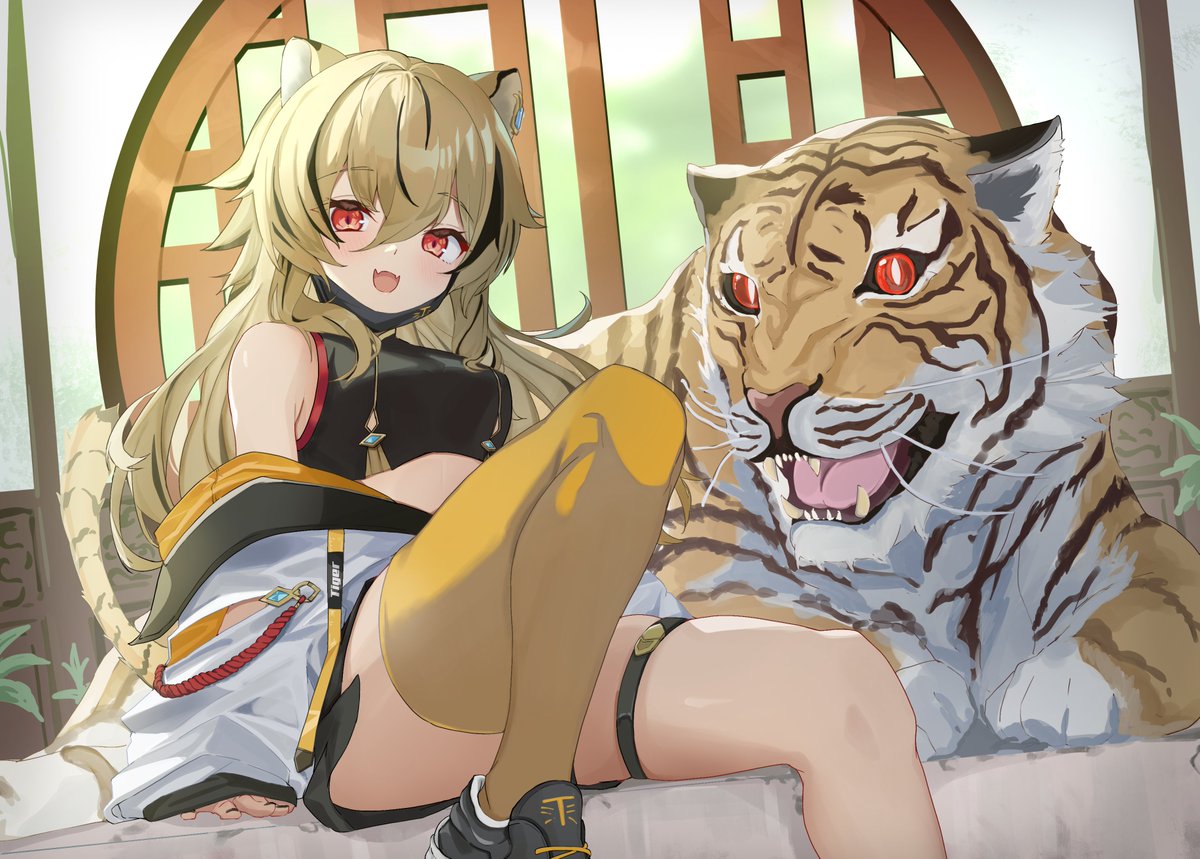 1girl, animal, animal_ears, black_hair, blonde_hair, breasts, chinese_zodiac, clothes_down