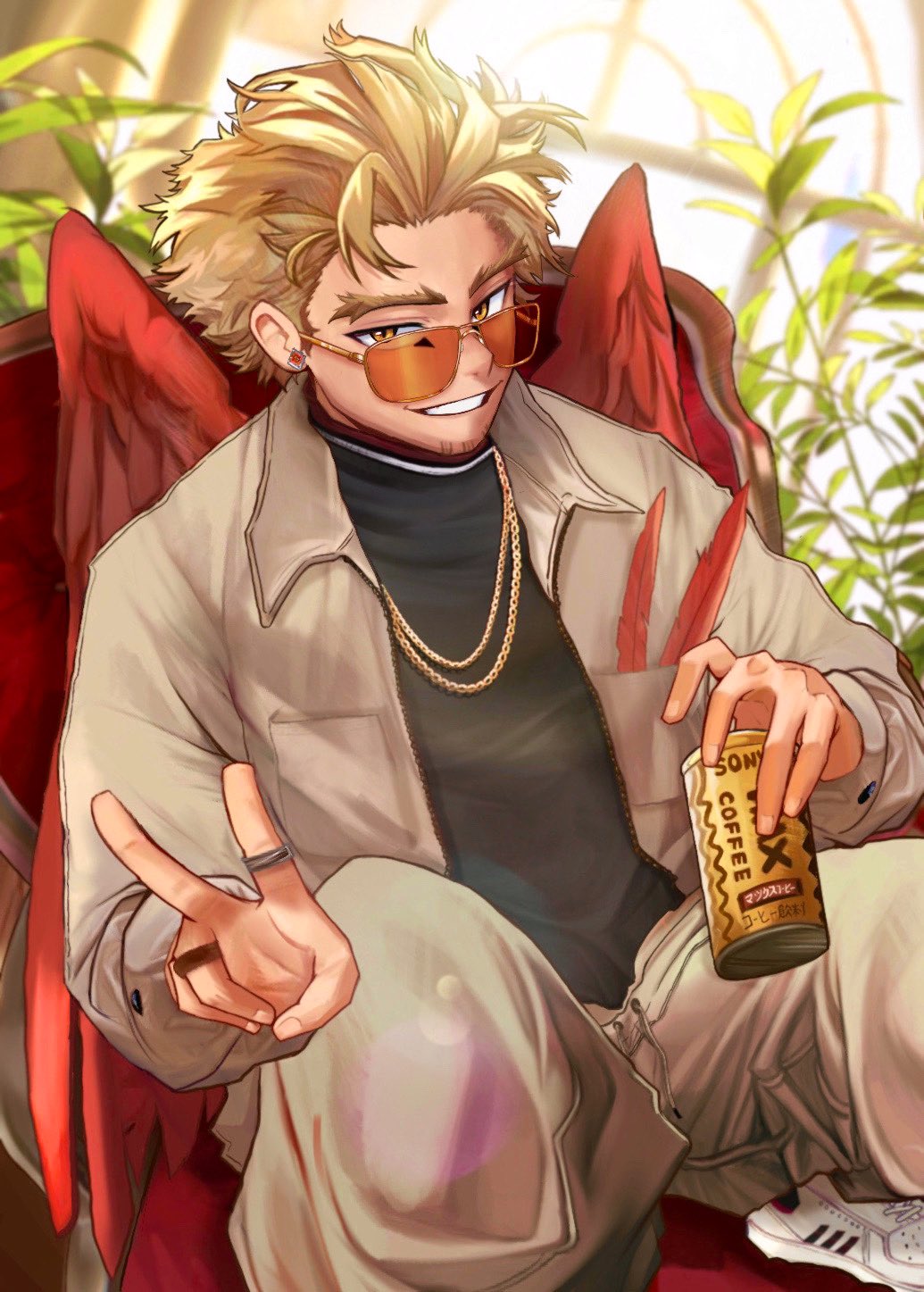 1boy, alternate_costume, black_shirt, blonde_hair, boku_no_hero_academia, can, canned_coffee, commentary