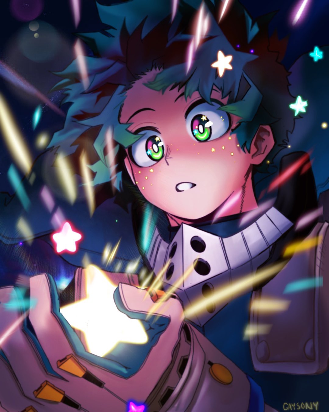 1boy, bodysuit, boku_no_hero_academia, commentary, freckles, gloves, glowing, green_bodysuit