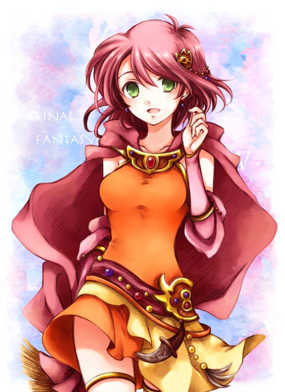 1girl, breasts, cape, copyright_name, dress, earrings, final_fantasy, final_fantasy_v