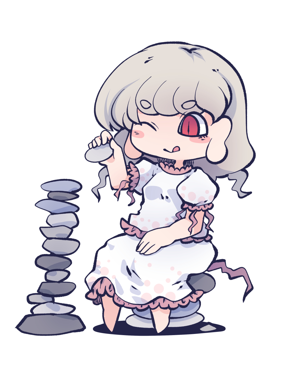 1girl, barefoot, blouse, chibi, commentary_request, ebisu_eika, fried_rice0614, frilled_shirt