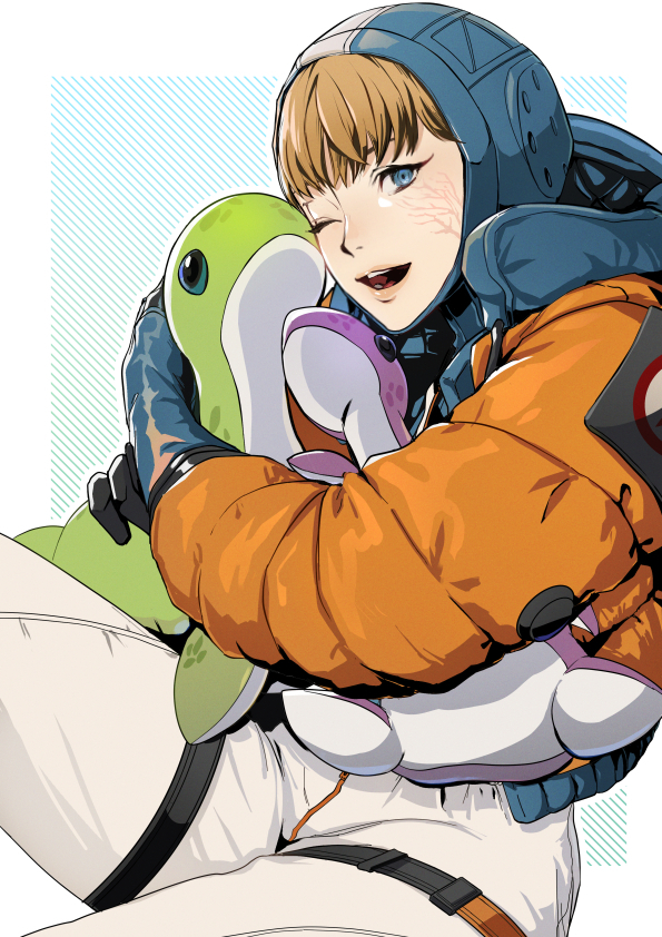 1girl, apex_legends, blonde_hair, blue_gloves, blue_headwear, bodysuit, eyebrows_behind_hair, gloves