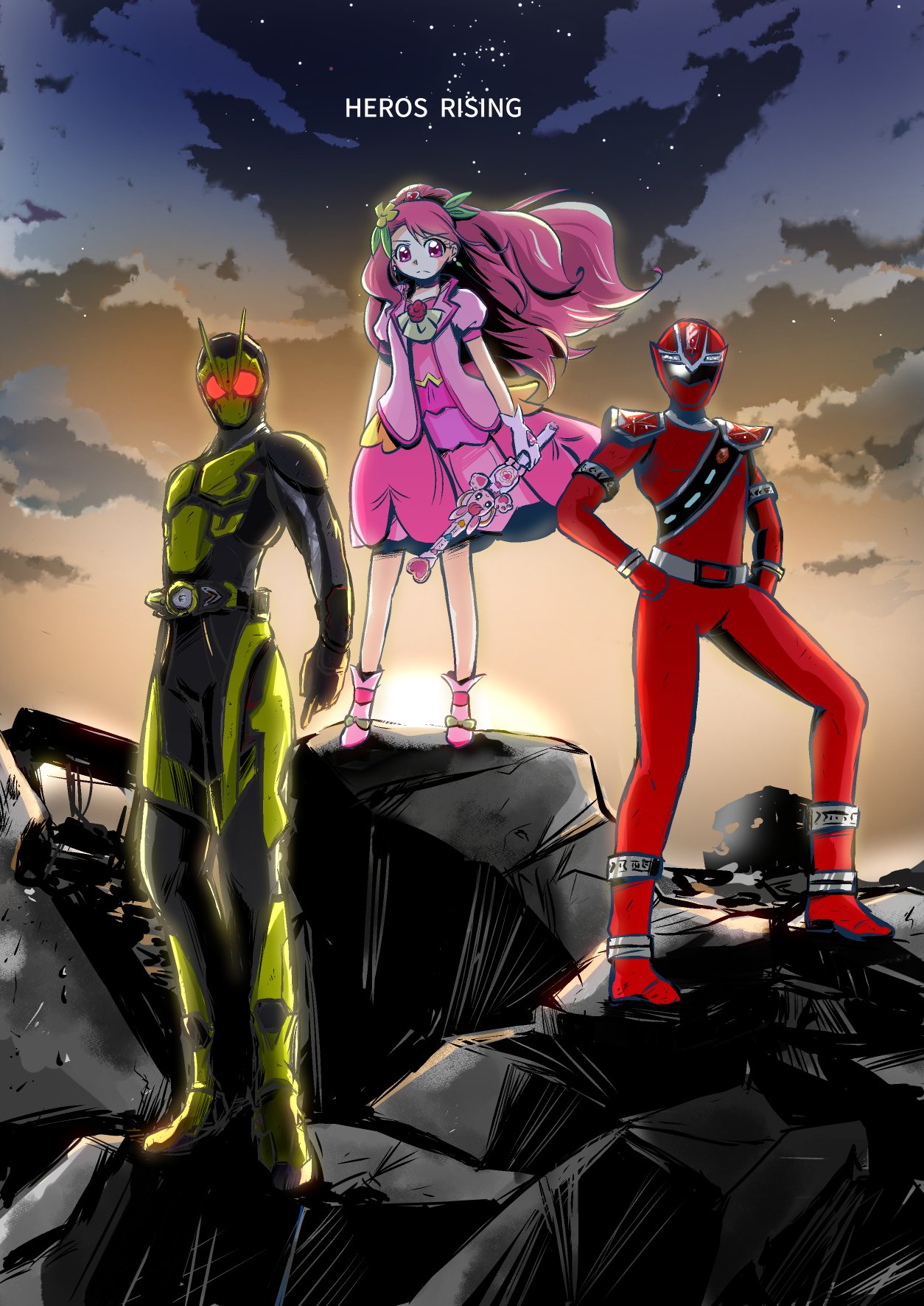 1girl, 2boys, black_suit, buta_obutu, clenched_hands, commentary, crossover, cure_grace, dress, english_text, formal, hanadera_nodoka, hands_on_hips, healin'_good_precure, helmet, highres, holding, holding_weapon, kamen_rider, kamen_rider_01_(series), kamen_rider_zero-one, kiramei_red, long_hair, looking_at_viewer, magical_girl, mashin_sentai_kiramager, multiple_boys, pink_dress, pink_eyes, pink_footwear, pink_hair, pink_theme, precure, rabirin_(precure), red_suit, red_theme, staff, suit, super_sentai, weapon, yellow_armor