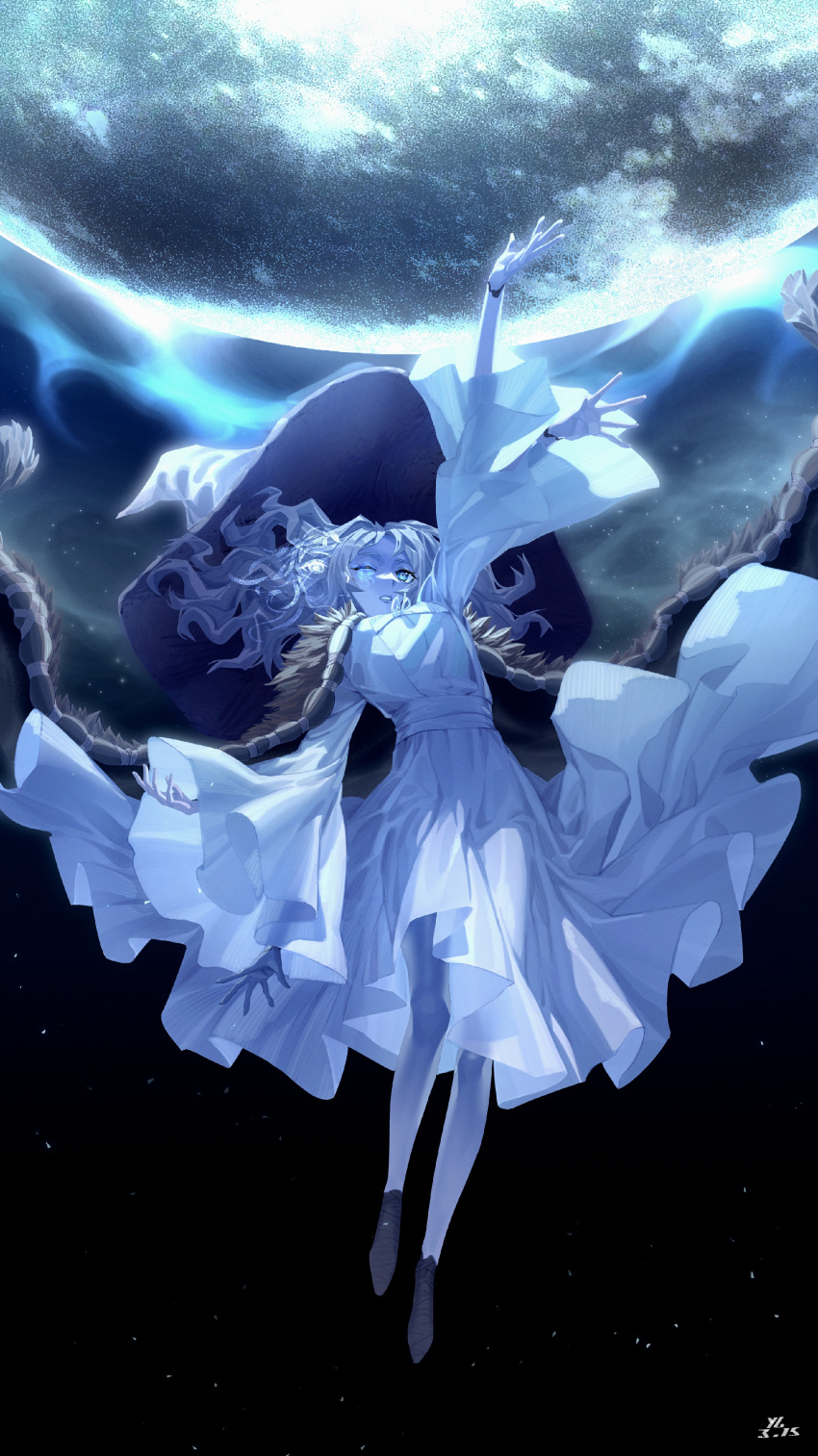 1girl, absurdres, blue_eyes, blue_hair, blue_skin, cloak, colored_skin, dress