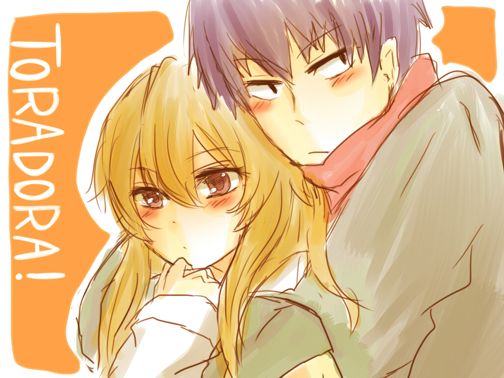 16cha, 1boy, 1girl, aisaka_taiga, bangs, blonde_hair, blue_hair, brown_eyes
