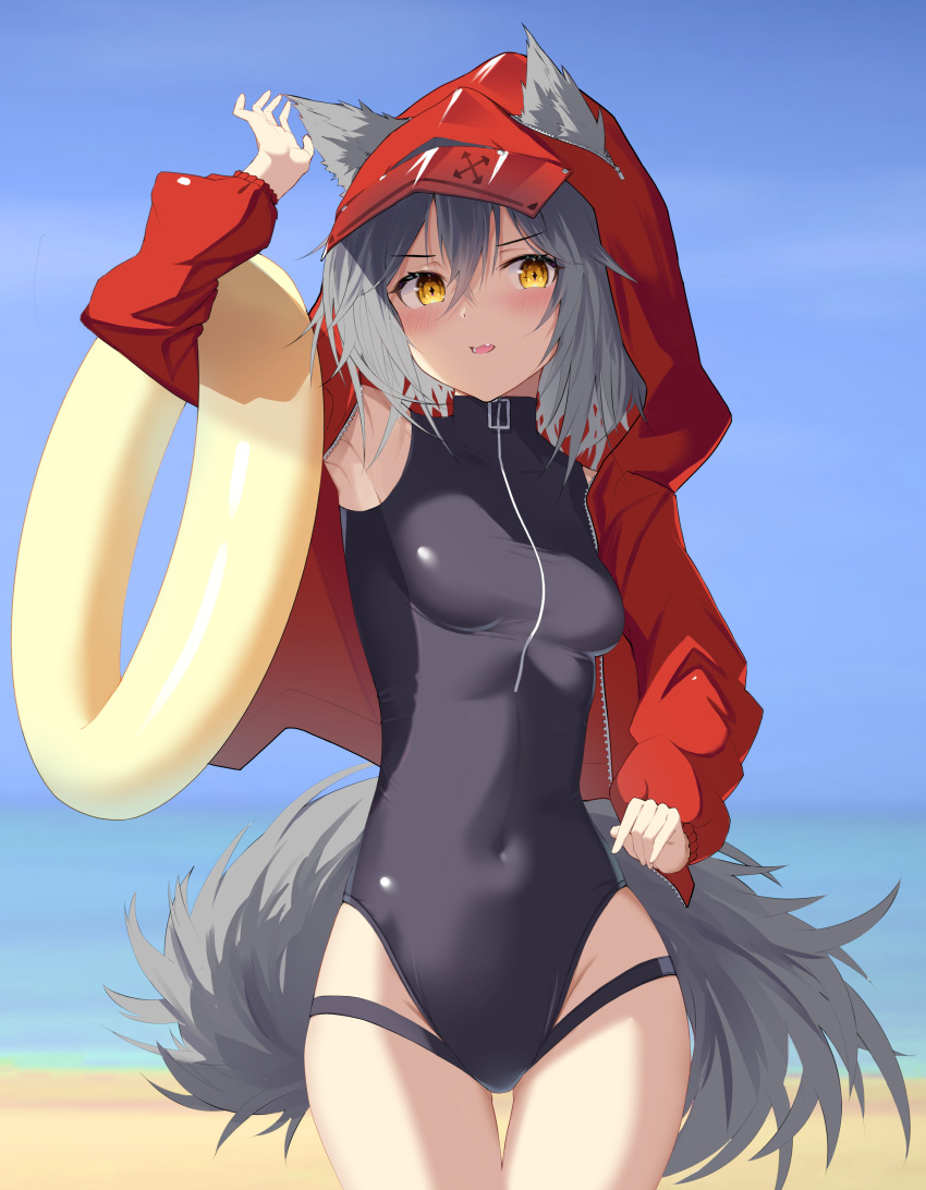 1girl, absurdres, animal_ears, arknights, arm_up, armpits, beach, black_swimsuit