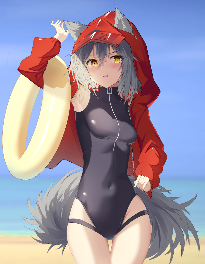 1girl, absurdres, animal_ears, arknights, arm_up, armpits, beach, black_swimsuit
