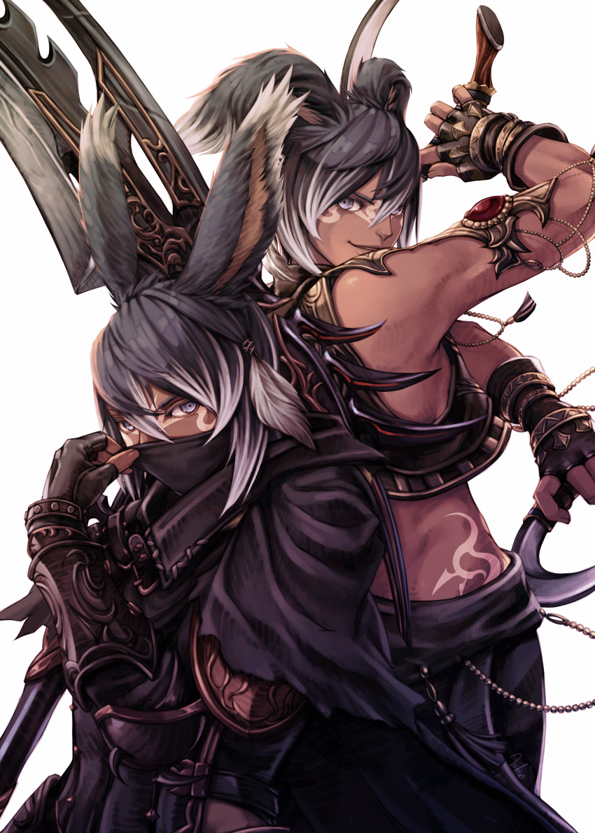 2boys, absurdres, avatar_(ff14), black_hair, chakram, cloak, dancer_(final_fantasy), dark-skinned_male