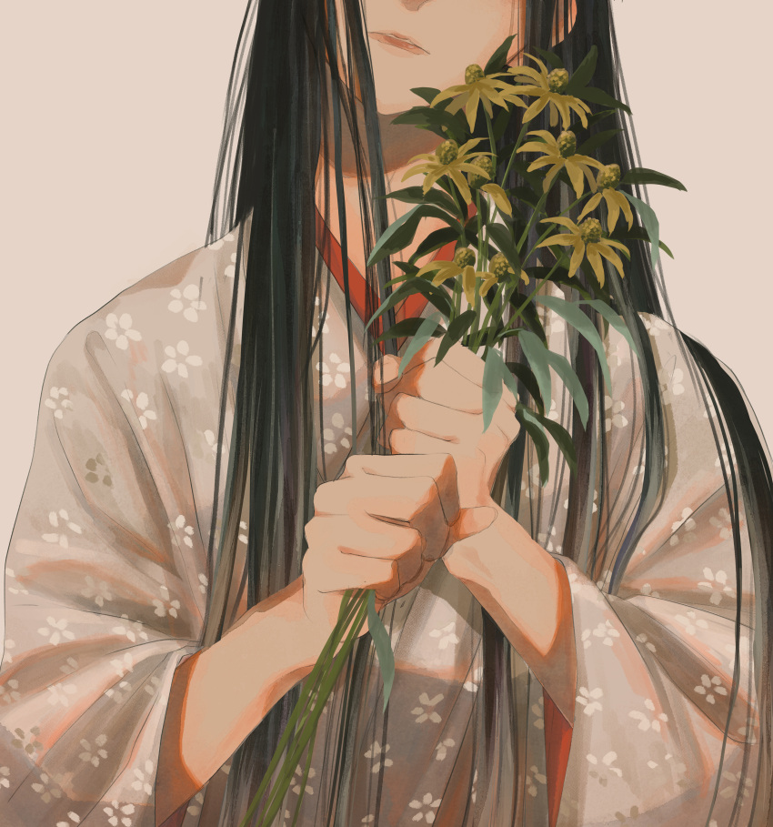 1other, absurdres, black_hair, floral_print, flower, highres, holding, holding_flower