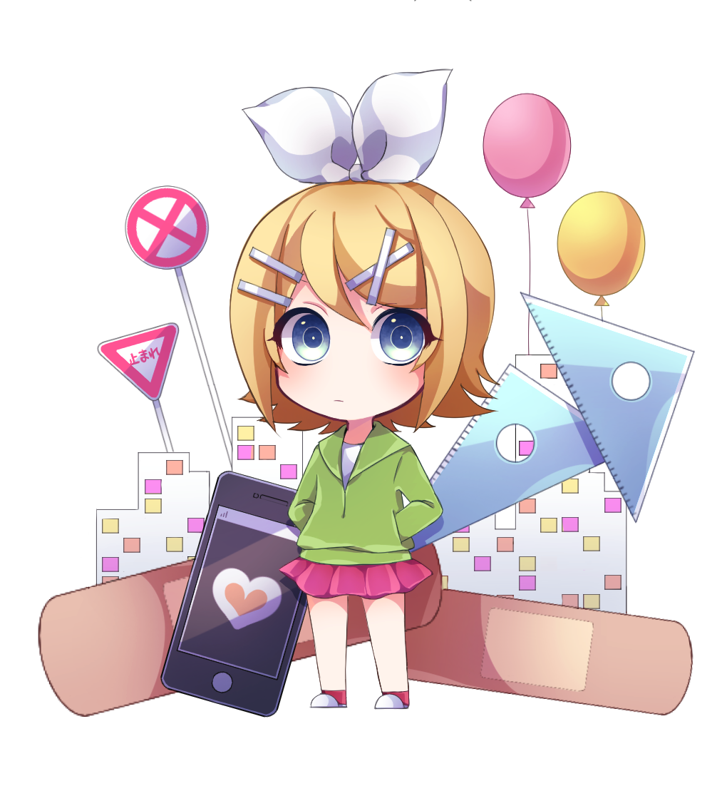 balloon, bandaid, blonde_hair, blue_eyes, bow, cellphone, chibi, closed_mouth