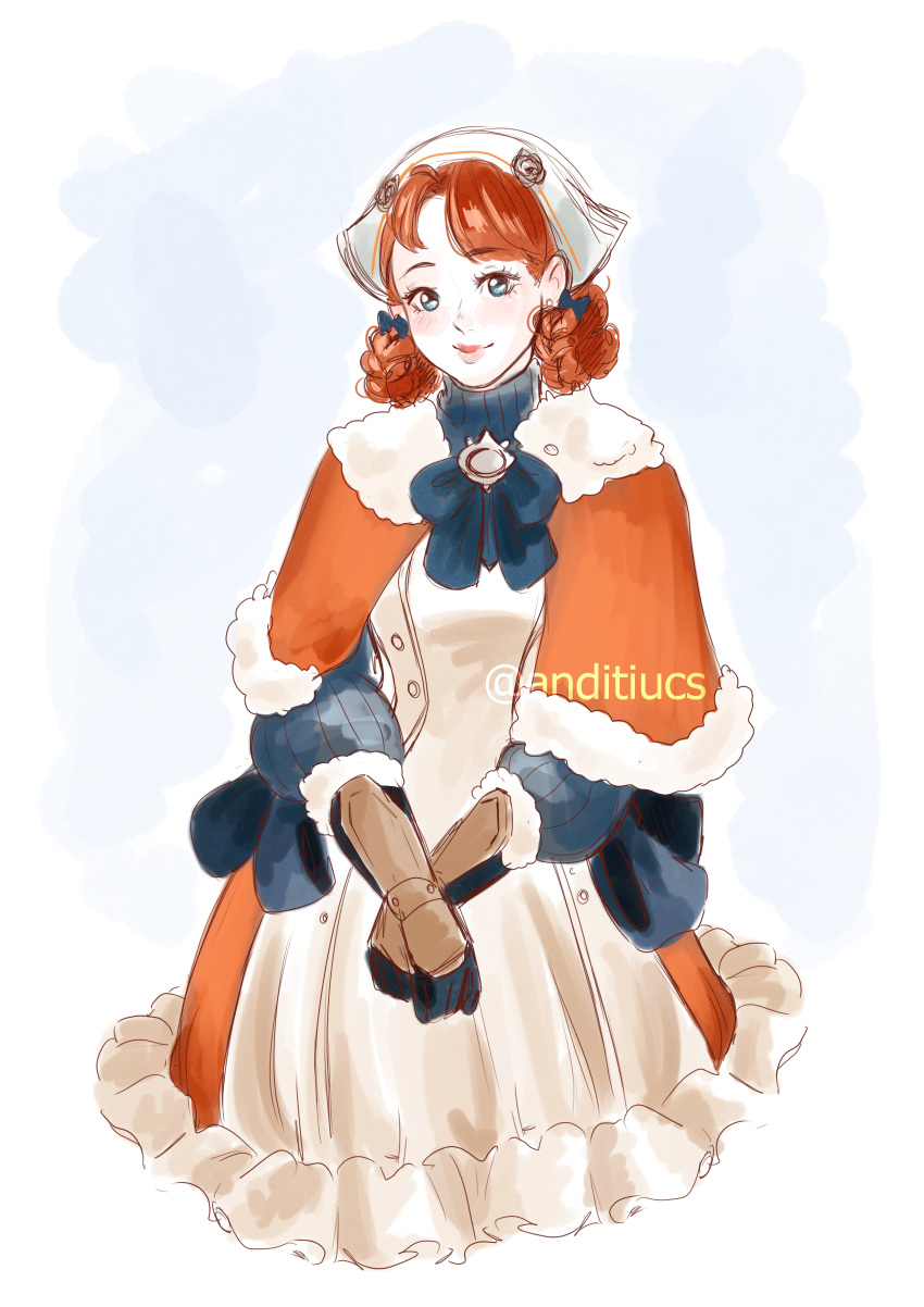 absurdres, anditiucs, annette_fantine_dominic, blue_eyes, blush, braid, cape, dress