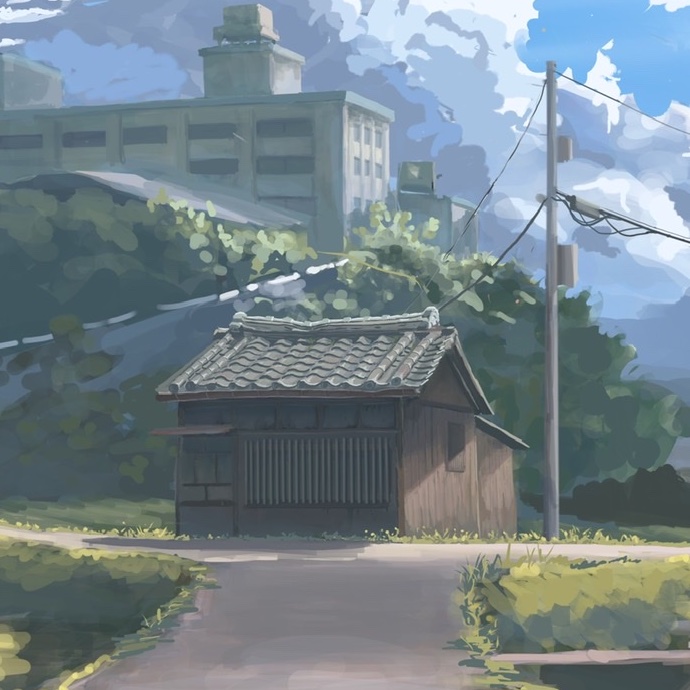 brush_stroke, building, clouds, cloudy_sky, commentary_request, day, grass, kake_(kakelele)