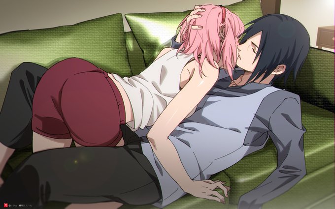 1boy, 1girl, bangs, black_hair, black_pants, boruto:_naruto_next_generations, bra_strap, closed_eyes