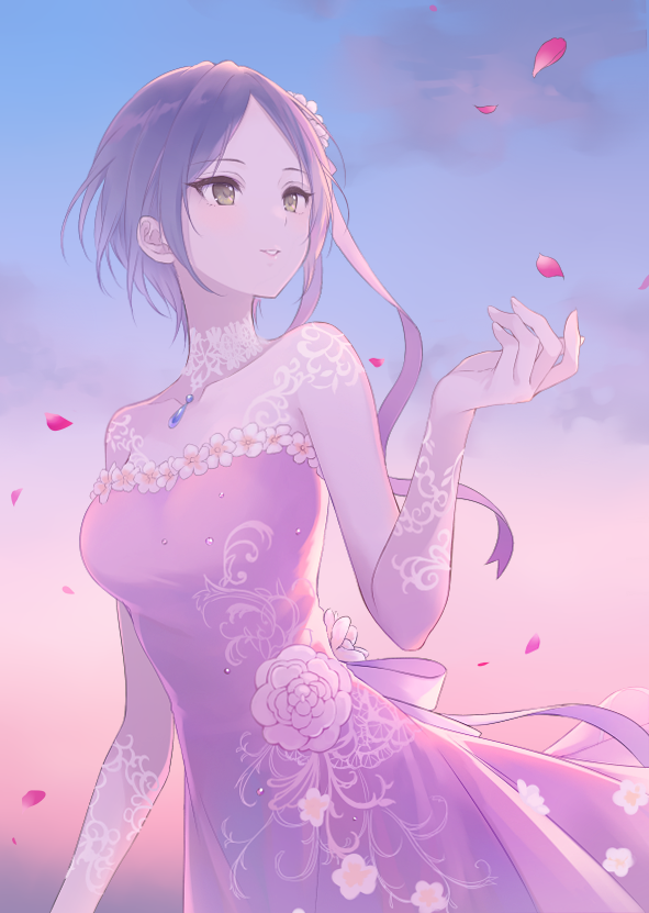 1girl, bangs, blue_gemstone, choker, collarbone, dress, gem, green_eyes