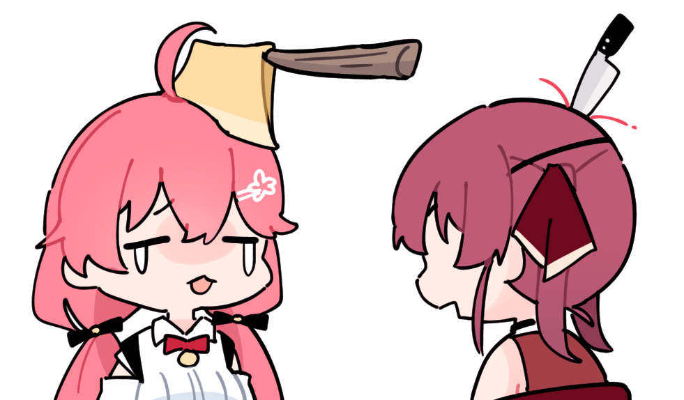 2girls, ahoge, axe, bleeding, blood, chibi, closed_eyes, collared_shirt