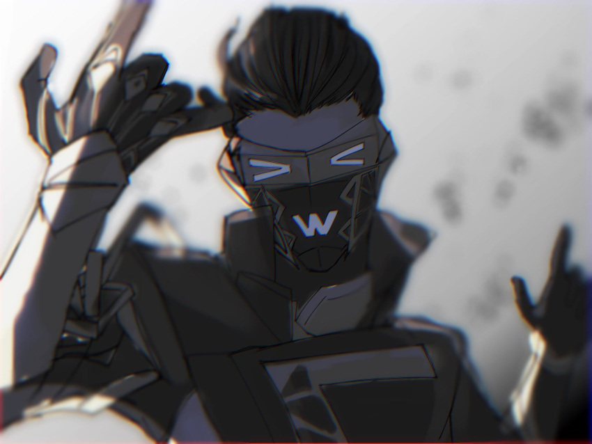 >_<, >w<, 1boy, \m/, apex_legends, blurry, blurry_foreground, double_\m/