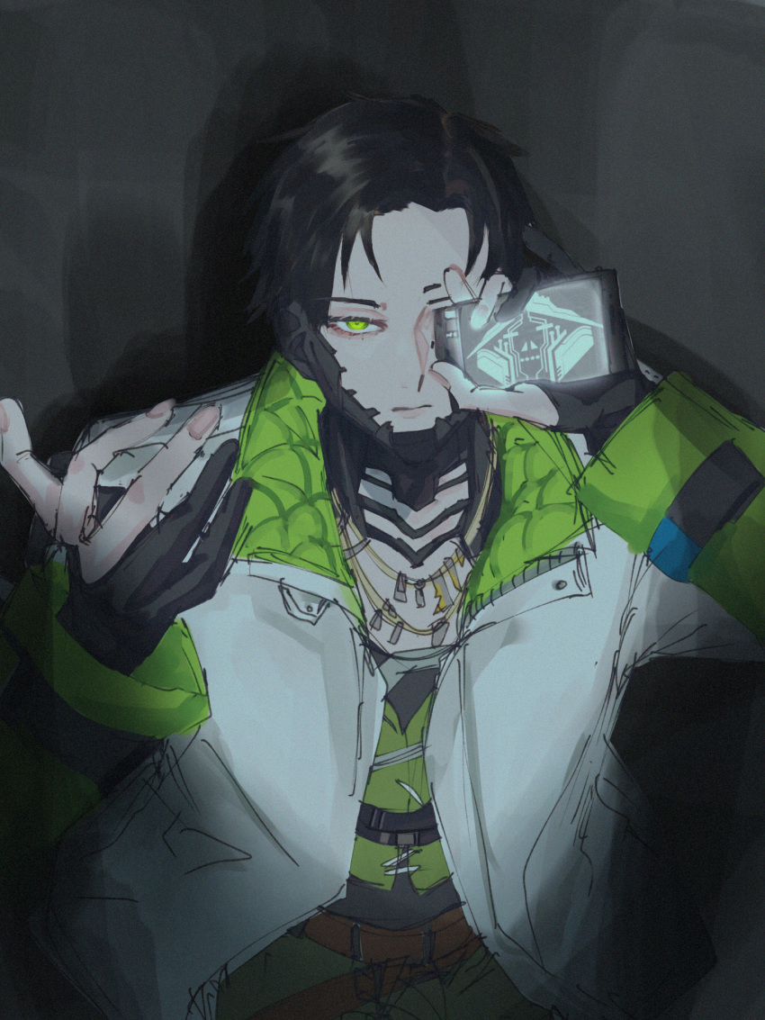 1boy, apex_legends, belt, black_gloves, black_hair, black_shirt, brown_belt, cellphone, covering_one_eye, crypto_(apex_legends), expressionless, flansista, gloves, green_eyes, green_pants, green_vest, highres, holding, holding_phone, jacket, jewelry, male_focus, necklace, open_hand, pants, partially_fingerless_gloves, phone, shirt, smartphone, solo, vest, white_jacket