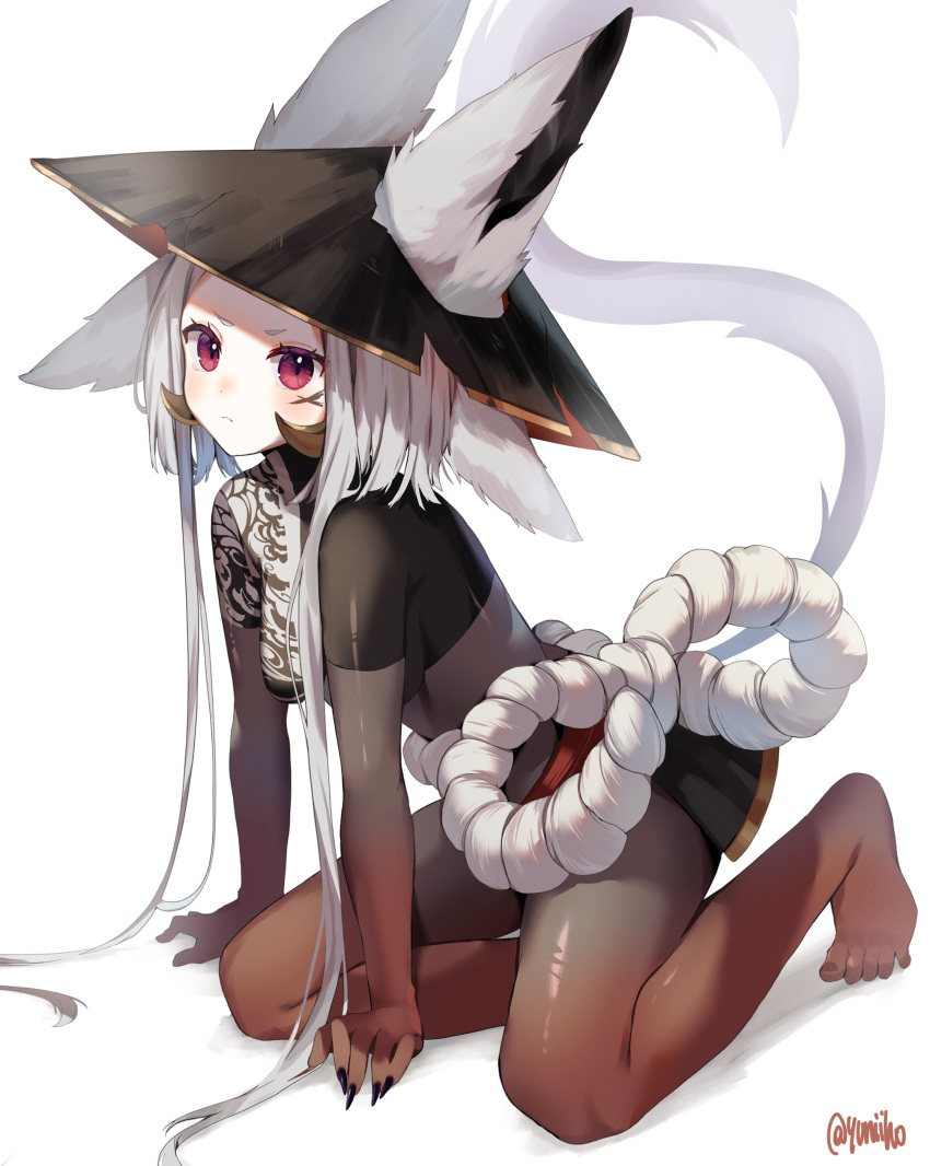 1girl, absurdres, all_fours, animal_ears, arm_support, barefoot, black_nails, blush
