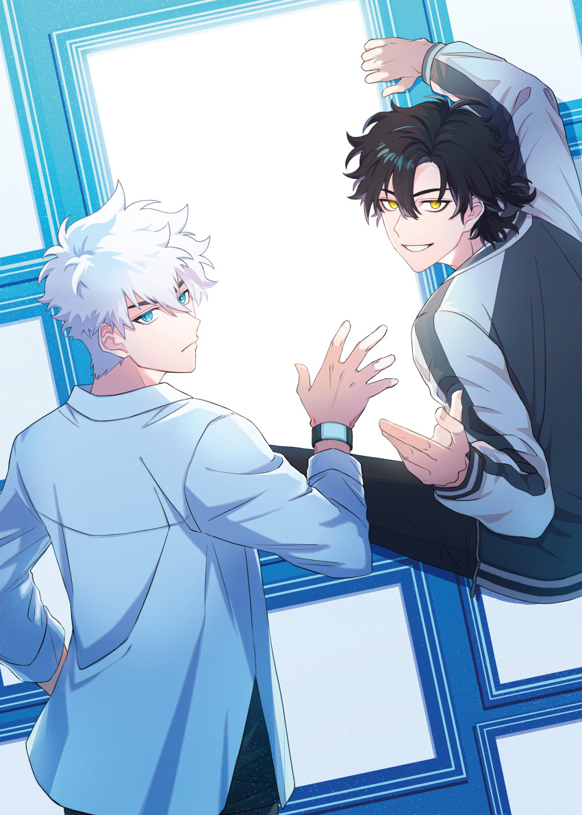 2101341bbb, 2boys, absurdres, black_hair, black_shirt, blue_eyes, cheng_xiaoshi, closed_mouth