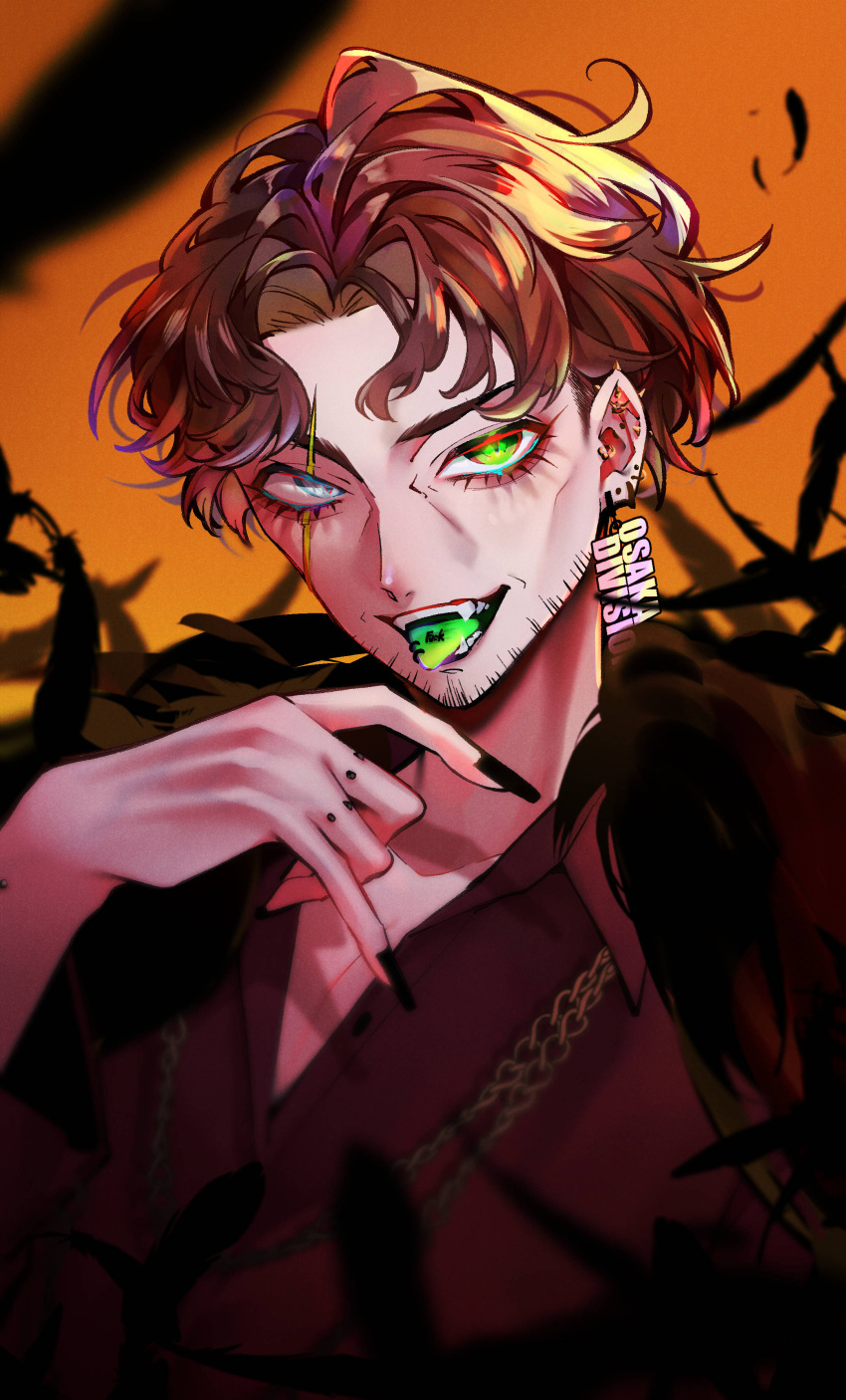 1boy, absurdres, amayado_rei, black_hair, colored_tongue, earrings, facial_hair, fangs