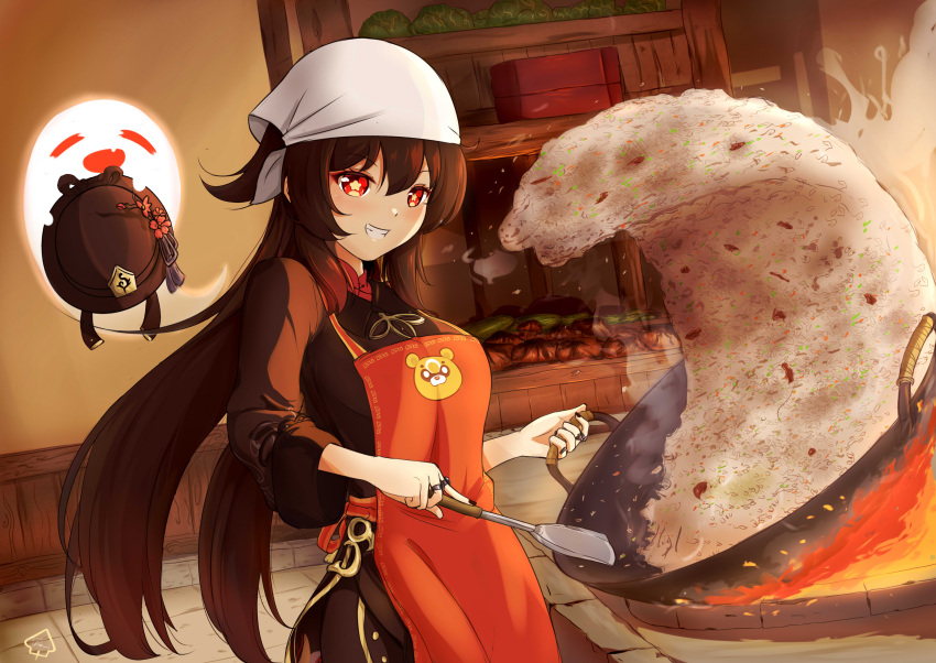 1girl, apron, black_dress, breasts, brown_hair, colored_tips, cooking, dress, fire, flower-shaped_pupils, food, fried_rice, genshin_impact, ghost, grin, highres, hu_tao_(genshin_impact), kanoko2.0, long_hair, medium_breasts, multicolored_hair, parody, red_eyes, rice_wave, smile, symbol-shaped_pupils, wok
