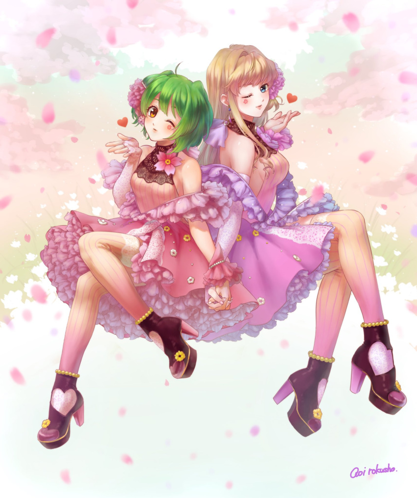 2girls, aoi_rokushou, artist_name, blonde_hair, blush, breasts, crossed_legs, dress, flower, green_hair, hair_flower, hair_ornament, heart, high_heels, highres, holding_hands, long_hair, macross, macross_frontier, medium_breasts, multiple_girls, off_shoulder, one_eye_closed, pantyhose, petals, pink_dress, purple_flower, purple_footwear, ranka_lee, sheryl_nome, short_hair, sitting, small_breasts, uta_macross_sumaho_deculture